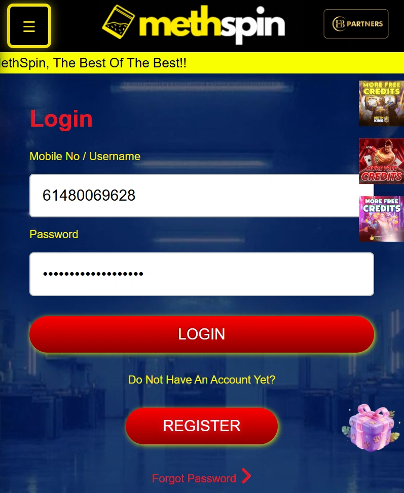 MethSpin login page for Australian players